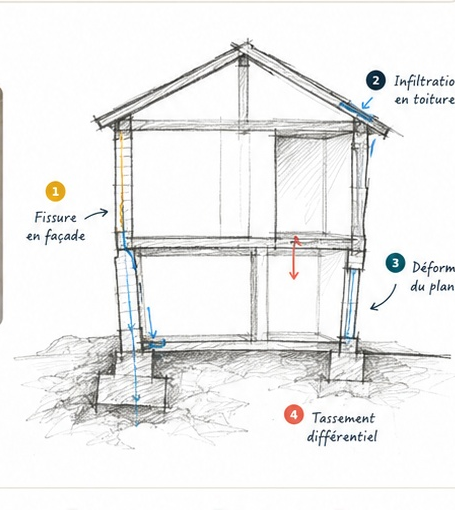 Croquis en coupe d’un bâtiment localisant une fissure, une infiltration, une déformation et un tassement possible