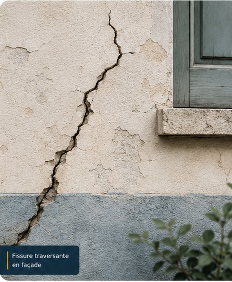 Fissure traversante visible sur une façade, à proximité d’une fenêtre